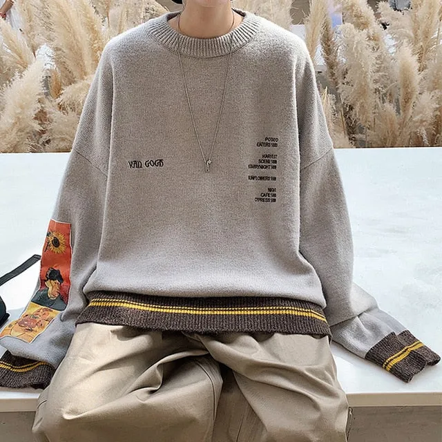 2021 Autumn Cotton Hip Hop Men Sweater Pullover Painting Embroidery Knitted Sweater Vintage Mens