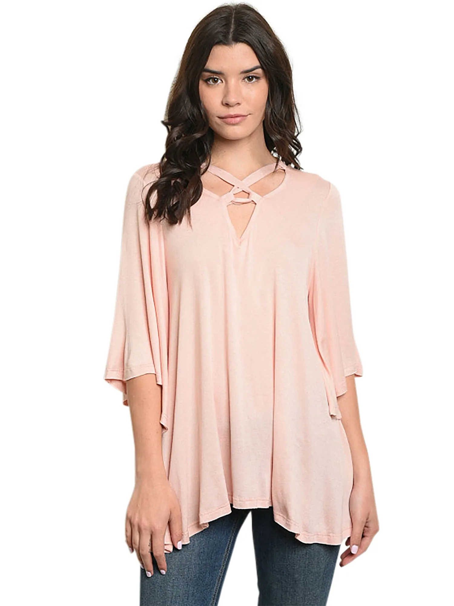 Blush Pink Womens Relaxed Fit Blouse Top With Crisscross Tie