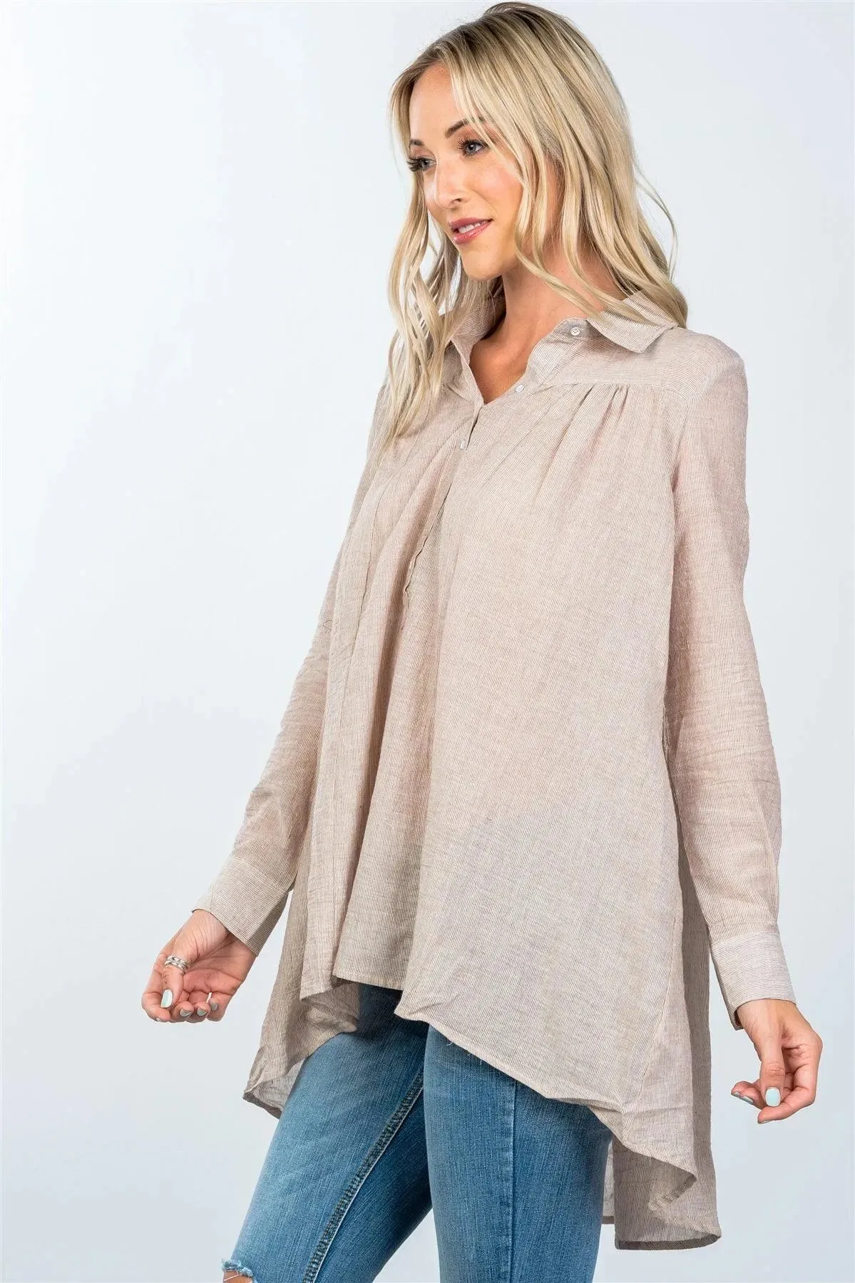 Brown Front Button Up Loose Boho Blouse /2-2-2