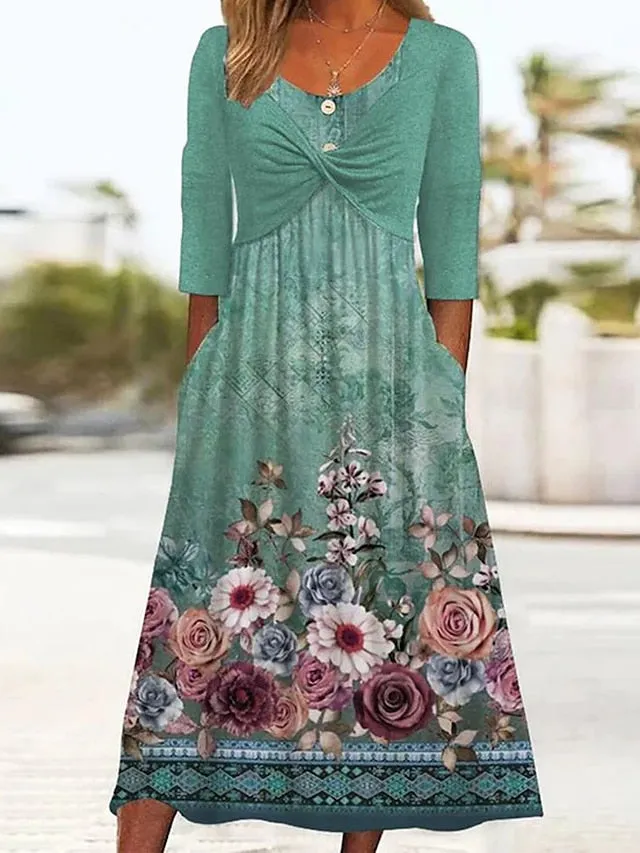 Casual Dress A Line Dress Summer Dress Floral Color Block Ruched Pocket Crew Neck Midi Dress Active Fashion Outdoor Daily Half Sleeve Loose Fit White Green Summer Spring S M L XL XXL for Women