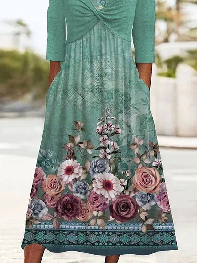 Casual Dress A Line Dress Summer Dress Floral Color Block Ruched Pocket Crew Neck Midi Dress Active Fashion Outdoor Daily Half Sleeve Loose Fit White Green Summer Spring S M L XL XXL for Women