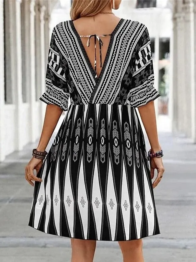 Casual Dress A Line Dress Summer Dress Geometric Ruffle Print V Neck Midi Dress Fashion Modern Outdoor Daily Half Sleeve Loose Fit Black Blue Summer Spring S M L XL XXL for Women