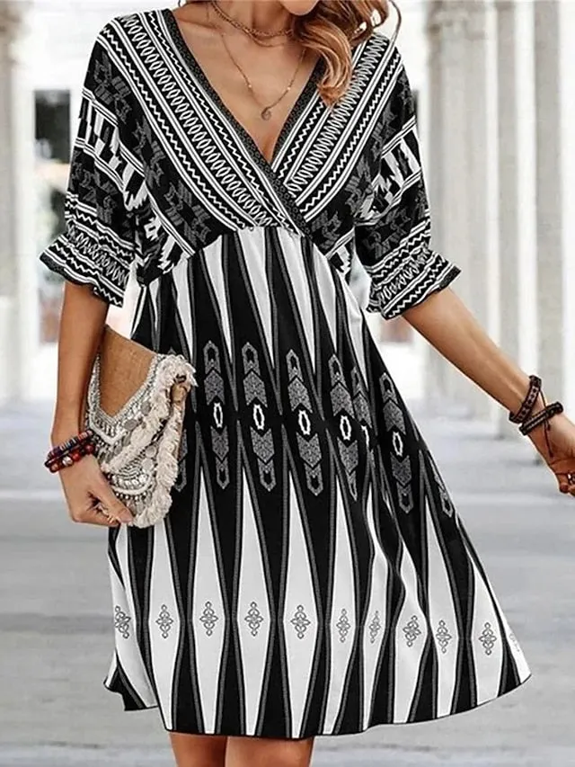 Casual Dress A Line Dress Summer Dress Geometric Ruffle Print V Neck Midi Dress Fashion Modern Outdoor Daily Half Sleeve Loose Fit Black Blue Summer Spring S M L XL XXL for Women