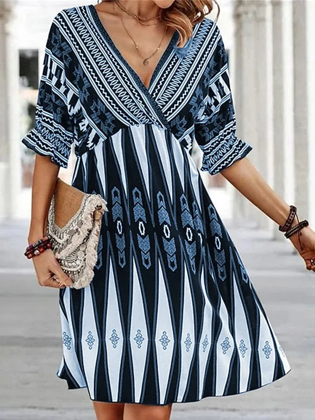 Casual Dress A Line Dress Summer Dress Geometric Ruffle Print V Neck Midi Dress Fashion Modern Outdoor Daily Half Sleeve Loose Fit Black Blue Summer Spring S M L XL XXL for Women