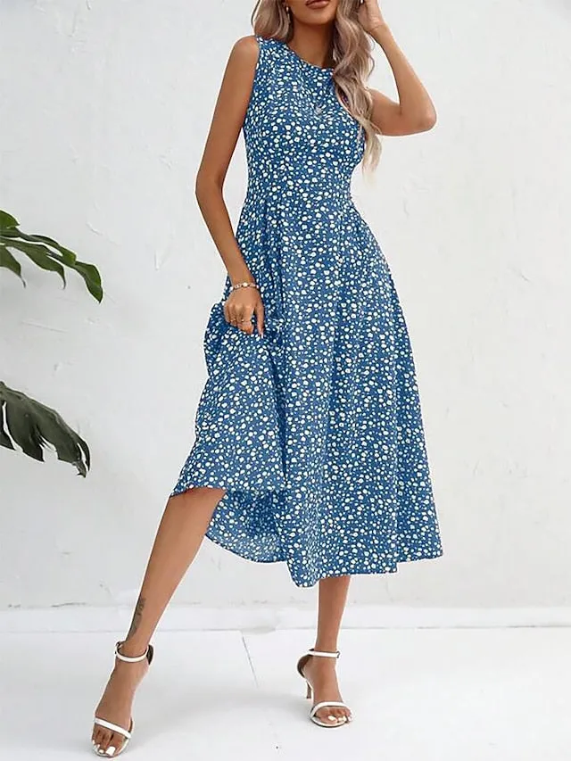 Casual Dress Swing Dress A Line Dress Floral Print Crew Neck Midi Dress Fashion Streetwear Outdoor Date Sleeveless Loose Fit Blue Summer Spring S M L XL XXL for Women
