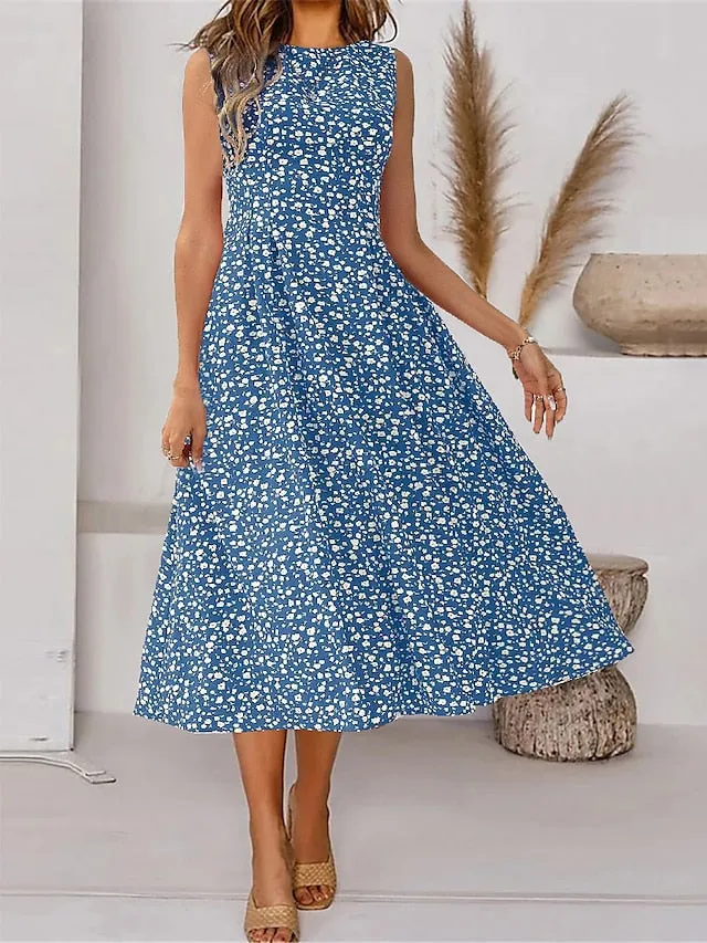 Casual Dress Swing Dress A Line Dress Floral Print Crew Neck Midi Dress Fashion Streetwear Outdoor Date Sleeveless Loose Fit Blue Summer Spring S M L XL XXL for Women