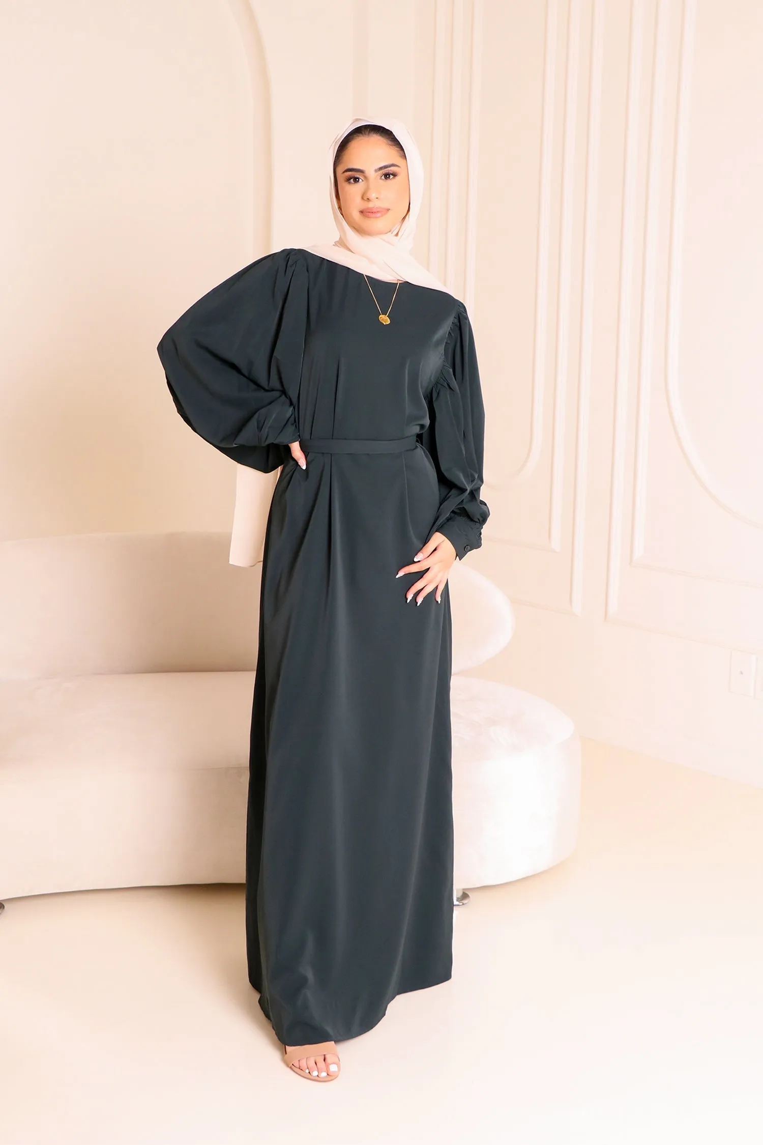 Elisa Soft Balloon Sleeve Dress- Jade Green
