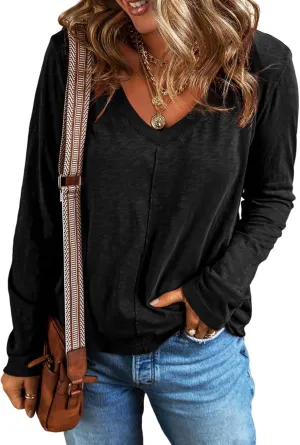EVALESS Spring Tops for Women Beach Vacation Clothes V Neck Summer Tops Long Sleeve Shirts Basic T Shirts Women's Clothing