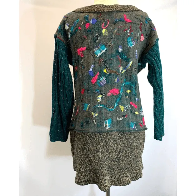 Green and brown wool pullover felted sweater jumper in recycled fabrics