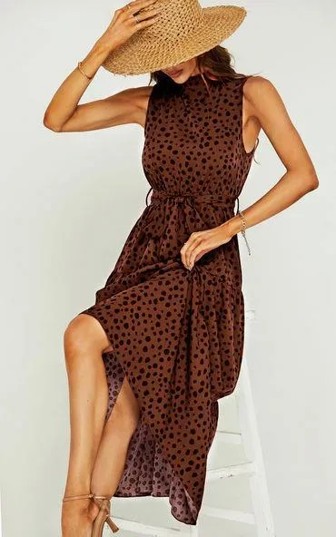 Halter Neck Maxi Layer Dress In Brown & Black Leopard Print