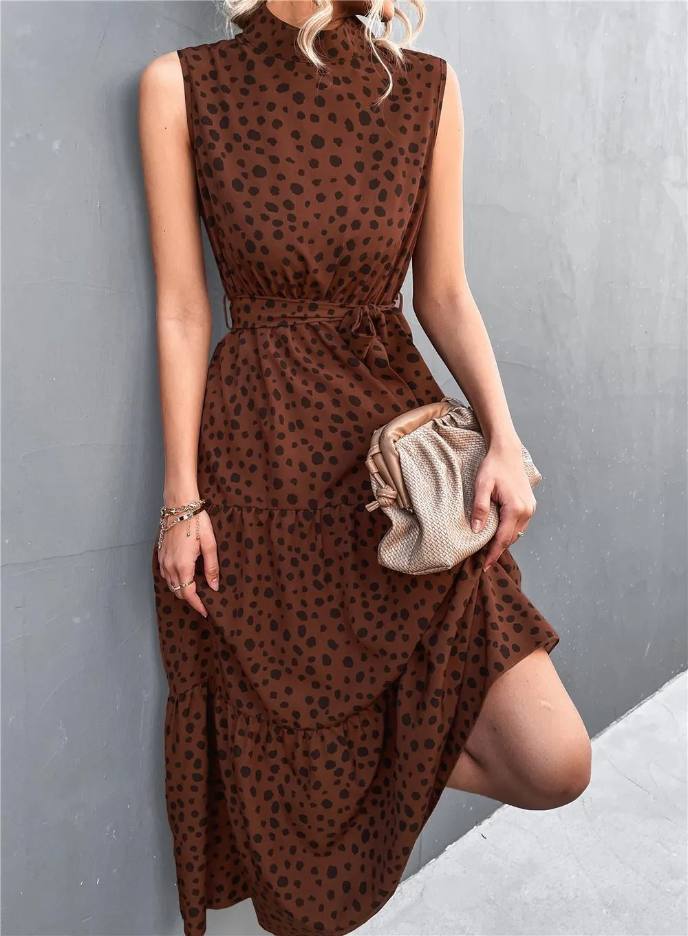 Halter Neck Maxi Layer Dress In Brown & Black Leopard Print