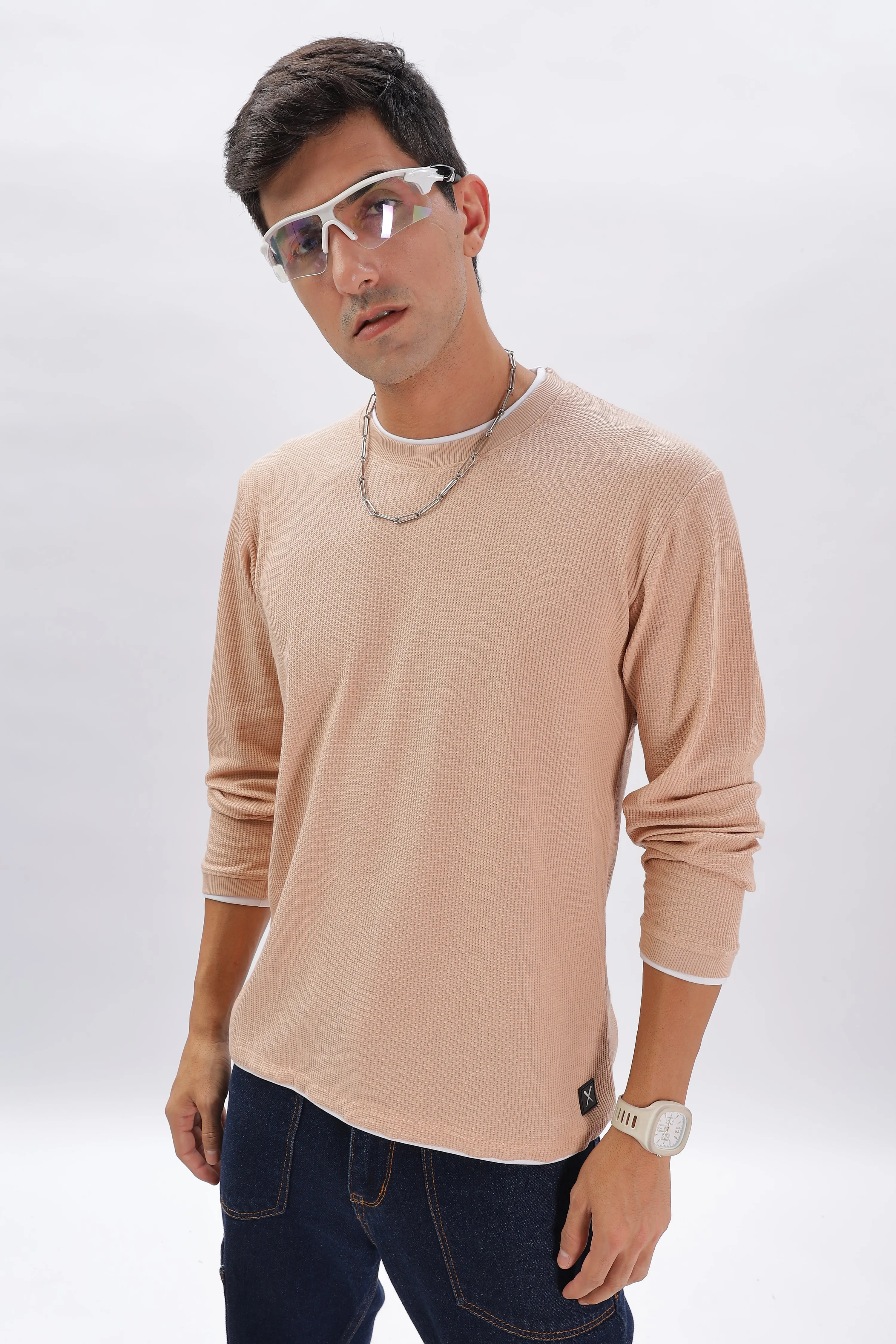 Knitted Full Sleeve T-Shirt: Peach