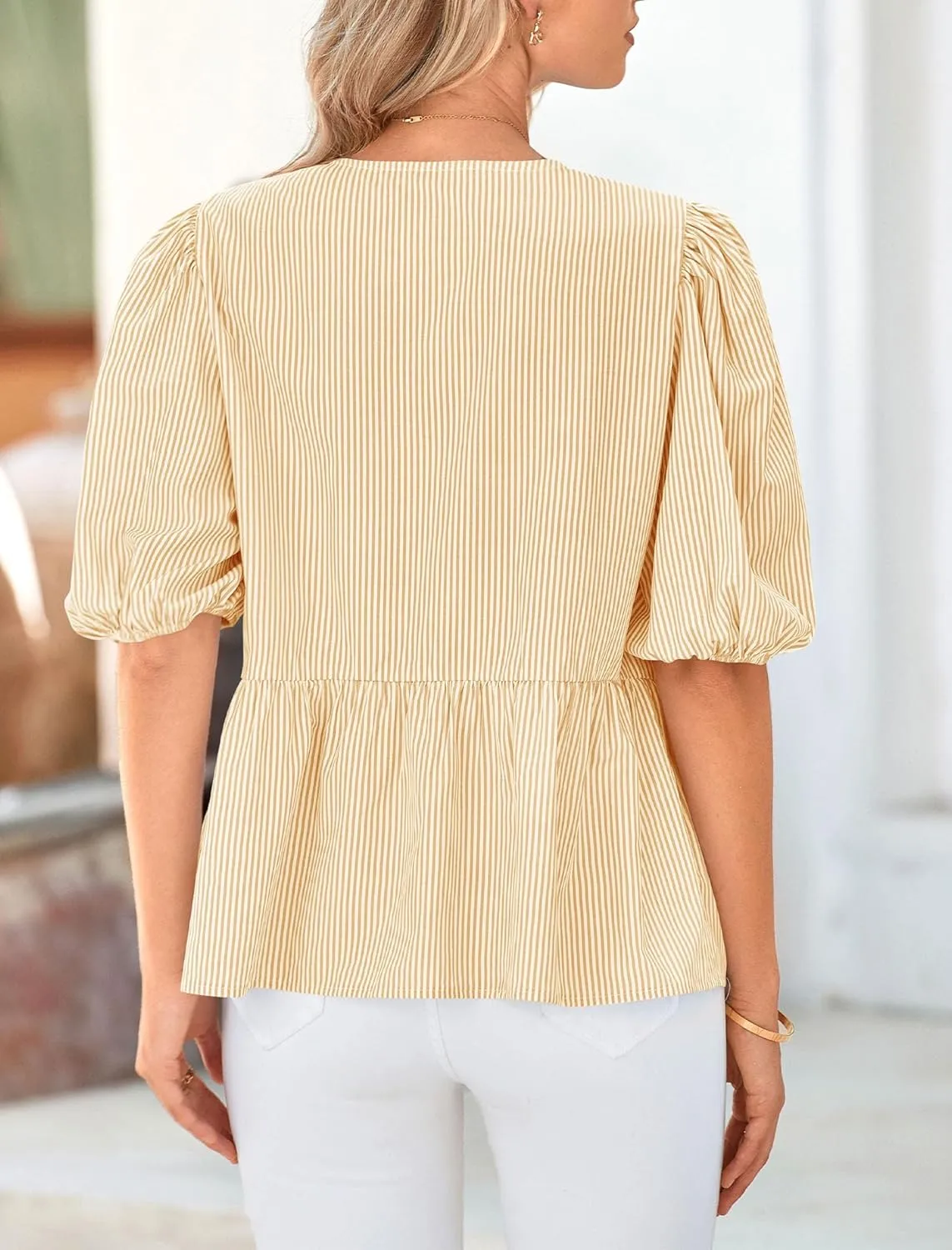 PRETTYGARDEN Women's Summer Tie Front Striped Shirt 2025 Trendy Cute Babydoll Tops Fashion Peplum Puffy Sleeve Blouse
