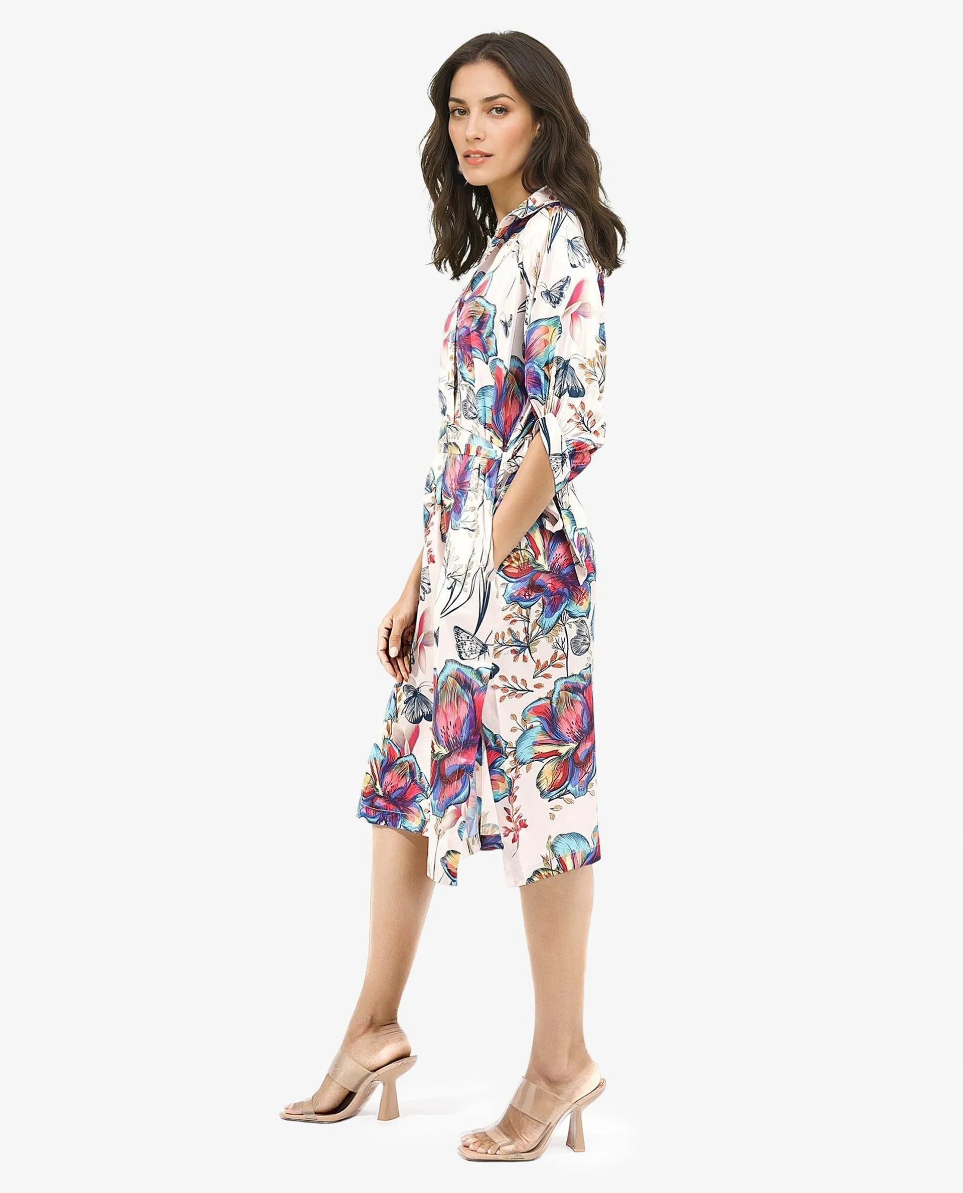 Rareism Women Borriso Multi Raglan Sleeves Regular Collar A-Line Floral Print Midi Dress