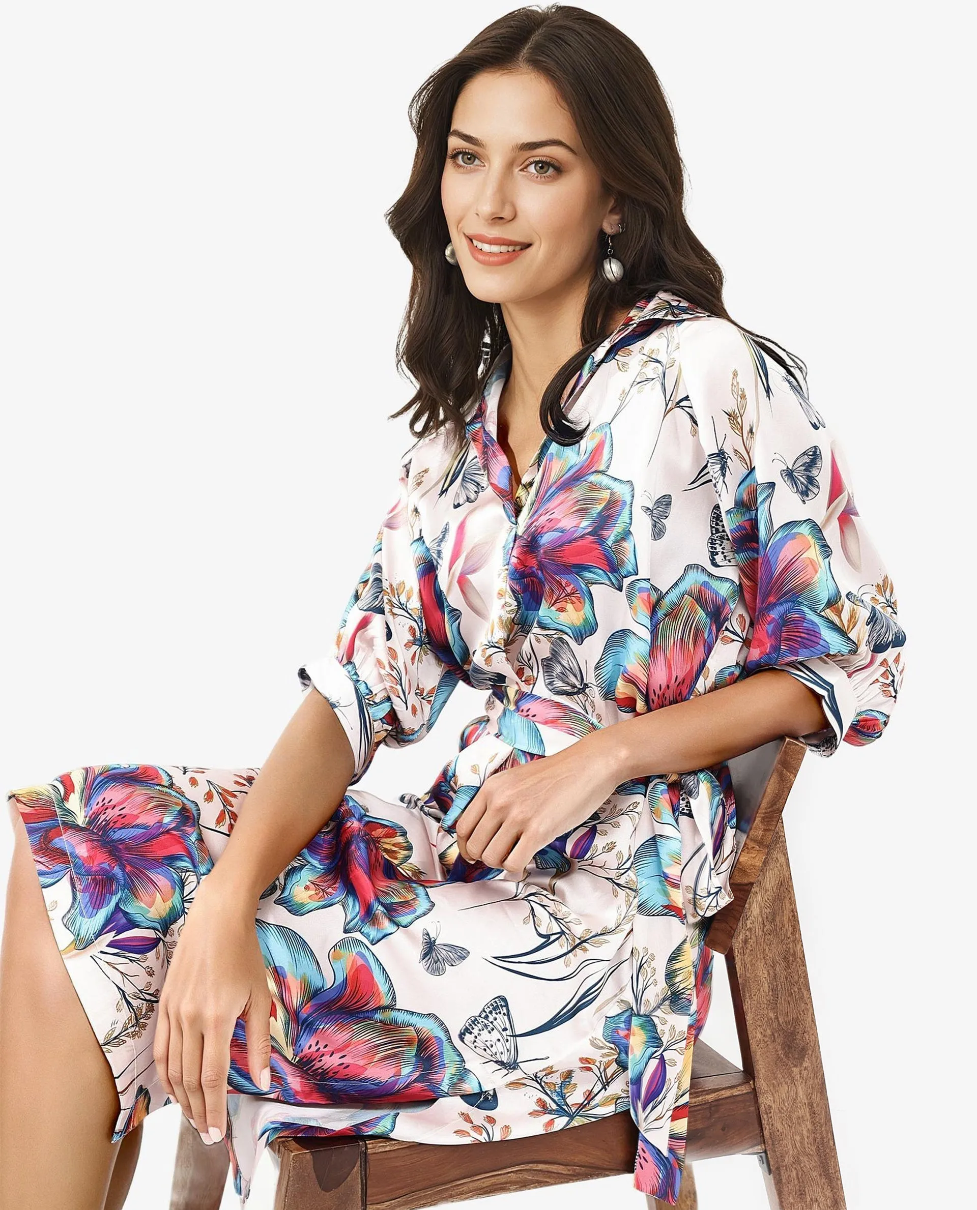 Rareism Women Borriso Multi Raglan Sleeves Regular Collar A-Line Floral Print Midi Dress