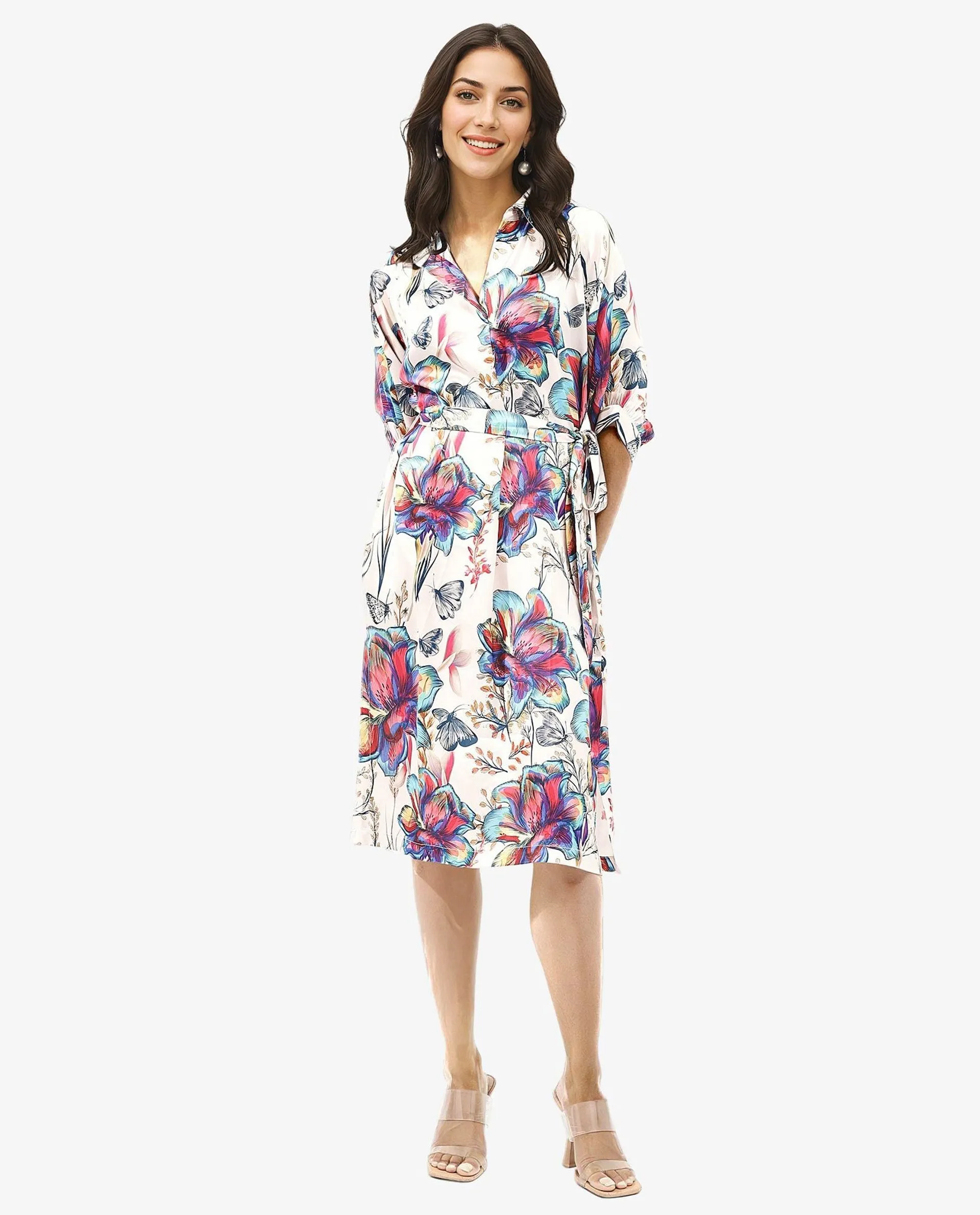 Rareism Women Borriso Multi Raglan Sleeves Regular Collar A-Line Floral Print Midi Dress