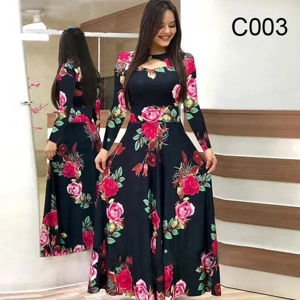 Spring /Autumn Fashion Flower Long Sleeved Dress for Women Elegant Maxi Robe