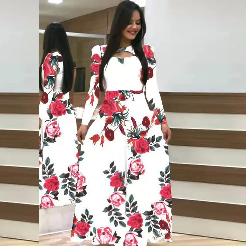 Spring /Autumn Fashion Flower Long Sleeved Dress for Women Elegant Maxi Robe