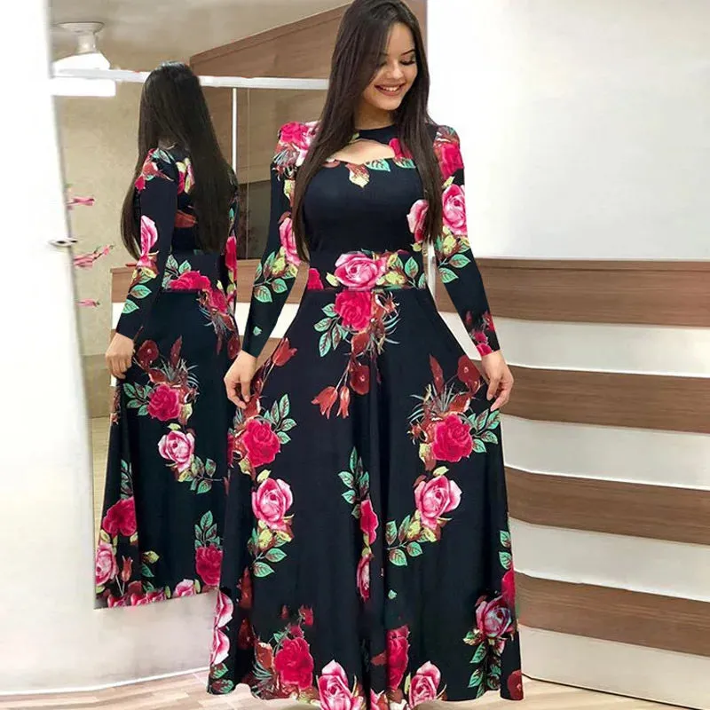 Spring /Autumn Fashion Flower Long Sleeved Dress for Women Elegant Maxi Robe