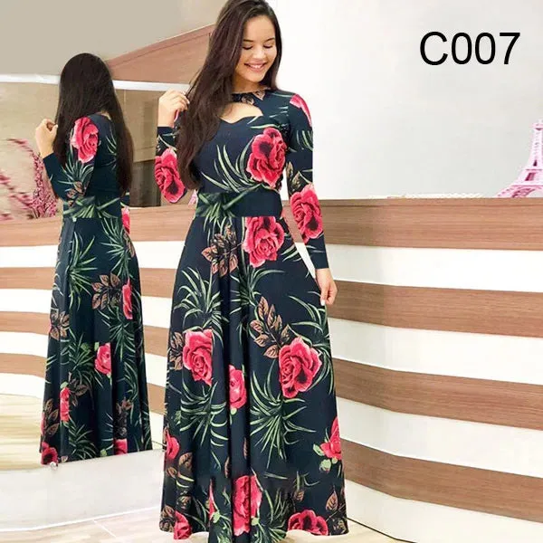 Spring /Autumn Fashion Flower Long Sleeved Dress for Women Elegant Maxi Robe