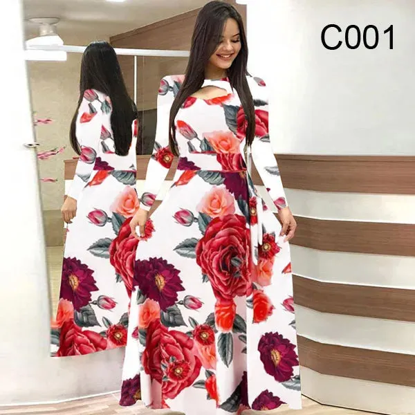 Spring /Autumn Fashion Flower Long Sleeved Dress for Women Elegant Maxi Robe