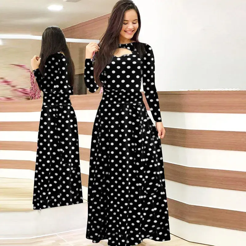 Spring /Autumn Fashion Flower Long Sleeved Dress for Women Elegant Maxi Robe