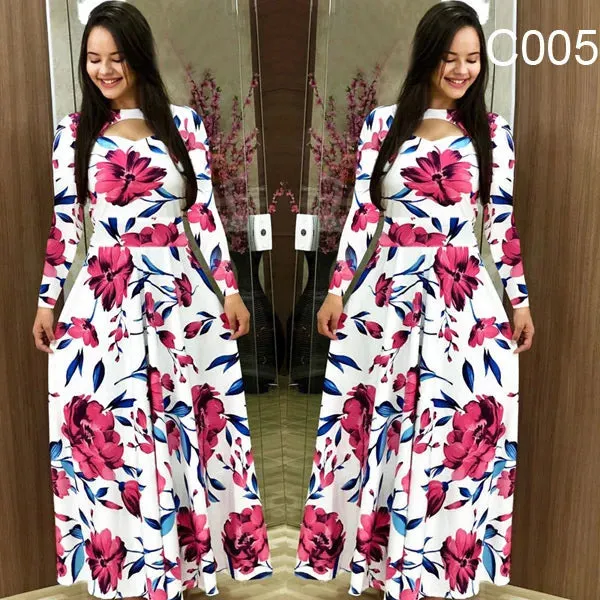 Spring /Autumn Fashion Flower Long Sleeved Dress for Women Elegant Maxi Robe
