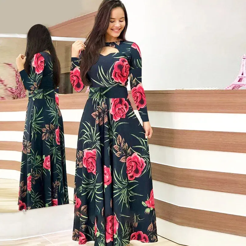 Spring /Autumn Fashion Flower Long Sleeved Dress for Women Elegant Maxi Robe