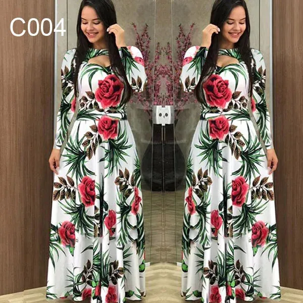 Spring /Autumn Fashion Flower Long Sleeved Dress for Women Elegant Maxi Robe