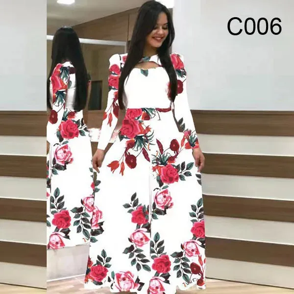 Spring /Autumn Fashion Flower Long Sleeved Dress for Women Elegant Maxi Robe