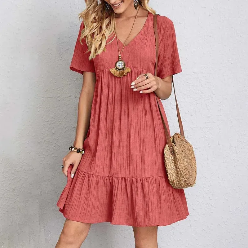 Summer Casual Dress Women Short Sleeve Ruffles A-Line Dress