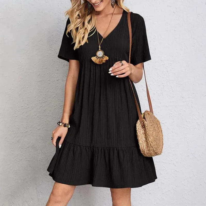 Summer Casual Dress Women Short Sleeve Ruffles A-Line Dress