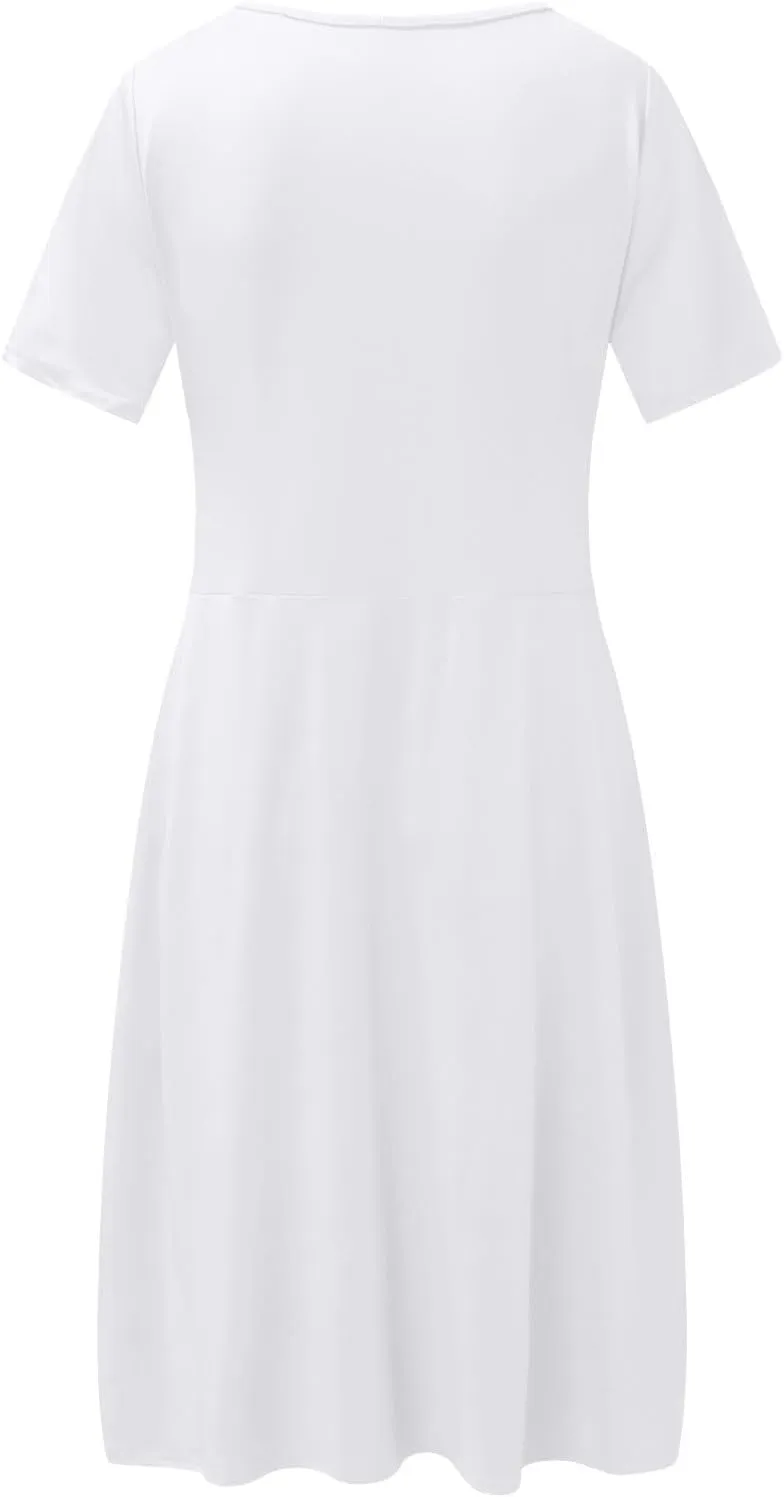 Women's Fashion Short Sleeve Printed Pocket Midi Length Casual Skirt Mix Dresses for Women
