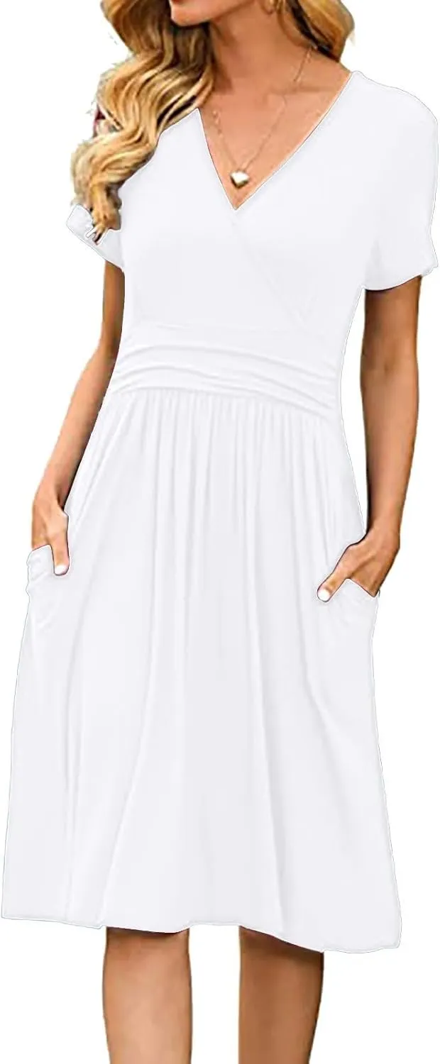 Women's Fashion Short Sleeve Printed Pocket Midi Length Casual Skirt Mix Dresses for Women