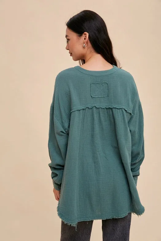 Women's Muslin Button Front Blouse in Green